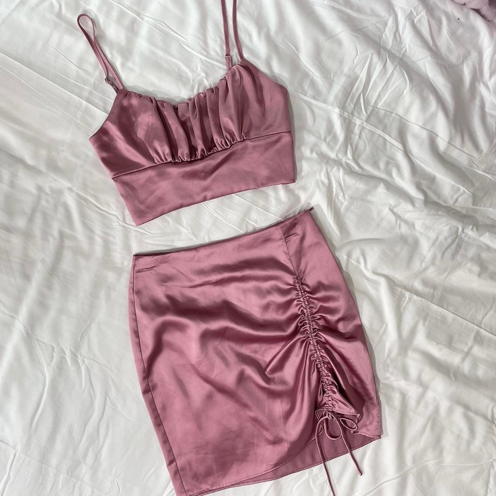 Mauve satin crop top and midi skirt set